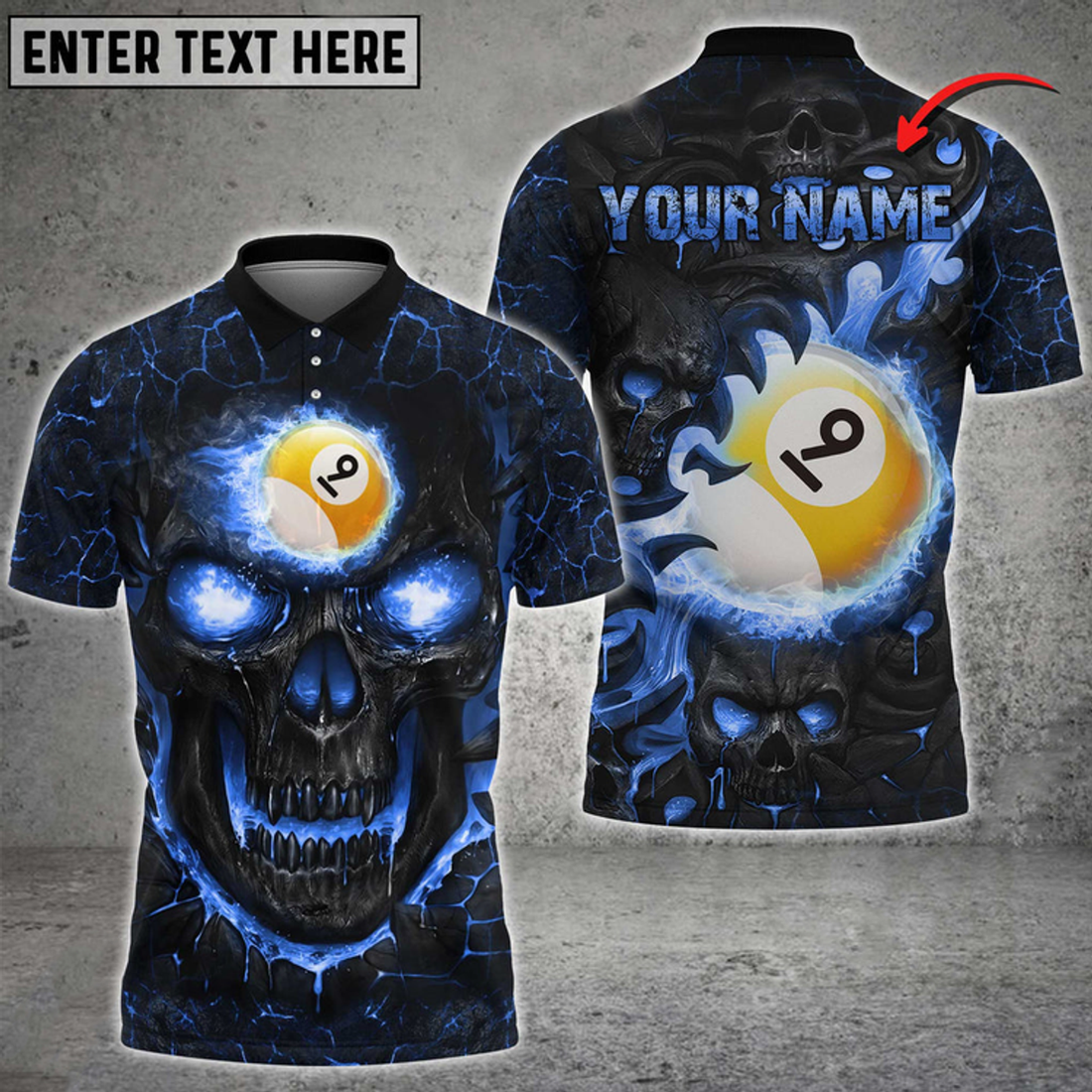 Personalized Name Team Billiards Ball 9 Skull Fire Polo Shirt, Billiard Skull Lover