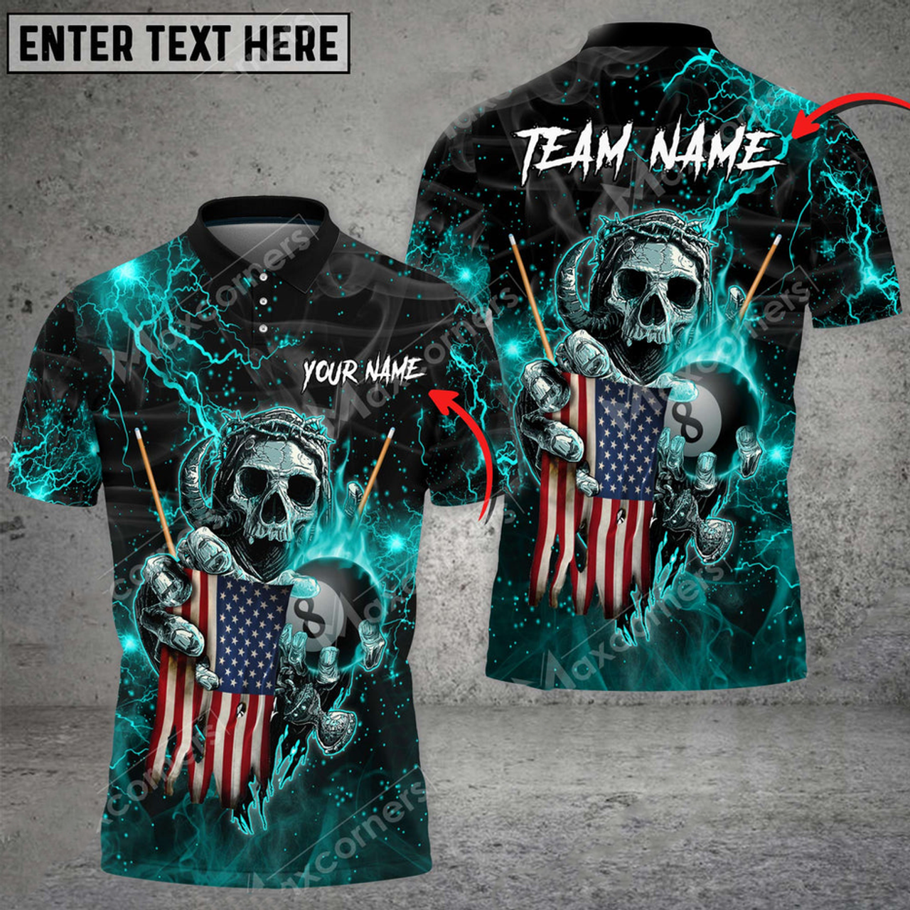 Custom Billiards Fire Skull US Flag Personalized Name, Team Name 3D Polo Shirt, Flag Billiard Shirt
