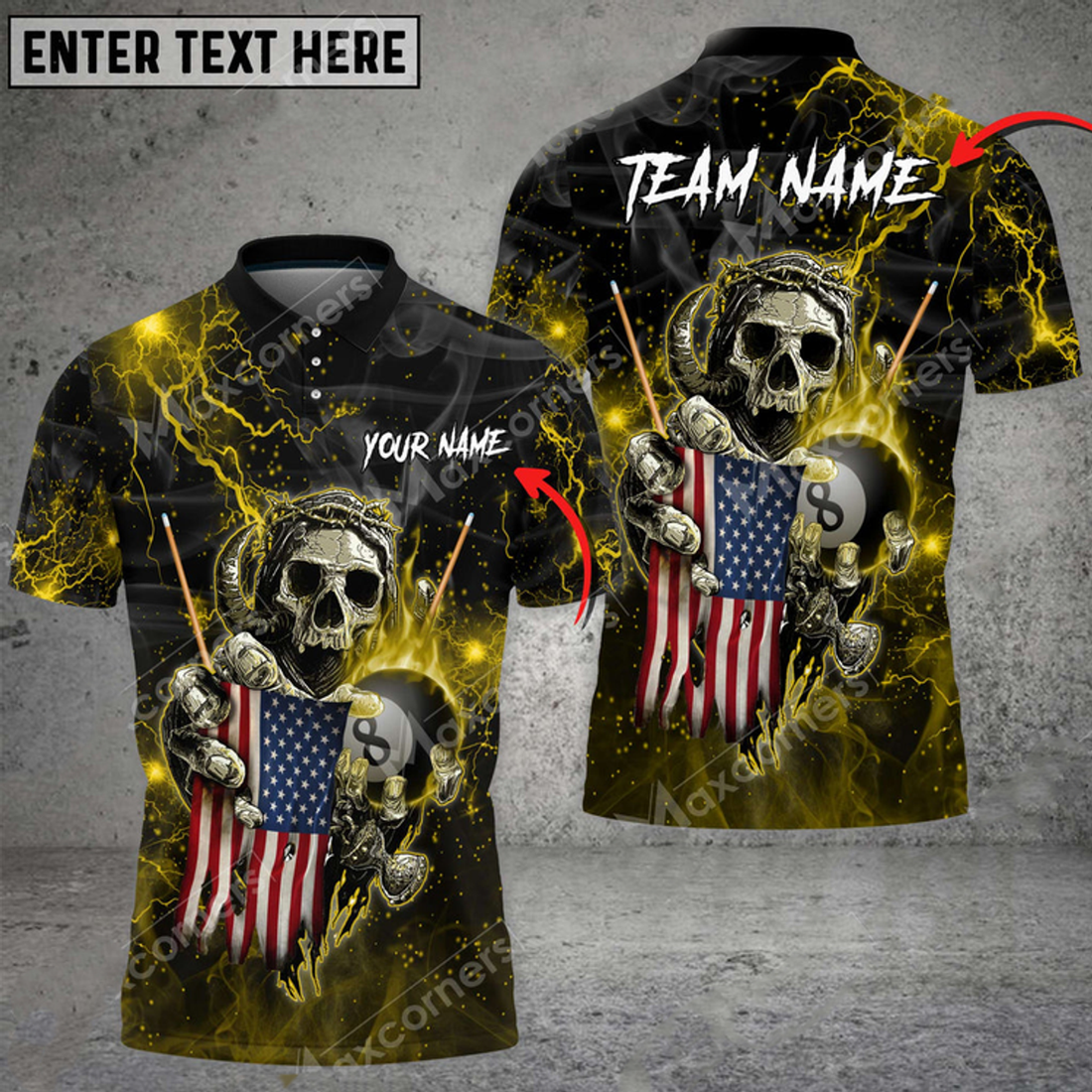 Custom Billiards Fire Skull US Flag Personalized Name, Team Name 3D Polo Shirt, Flag Billiard Shirt