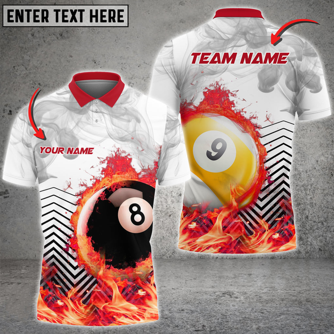 Personalized Billiards White Fire Flame Smoke Multicolor Option, Personalized Name Team Polo Shirt