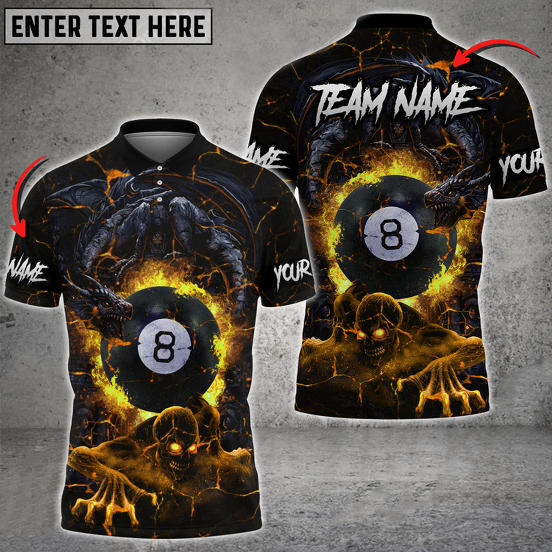 Custom Billiards Skull & Dragon Fight Personalized Name, Team Name Multi Color Option Polo Shirt, Skull Billiard 3D Shirt