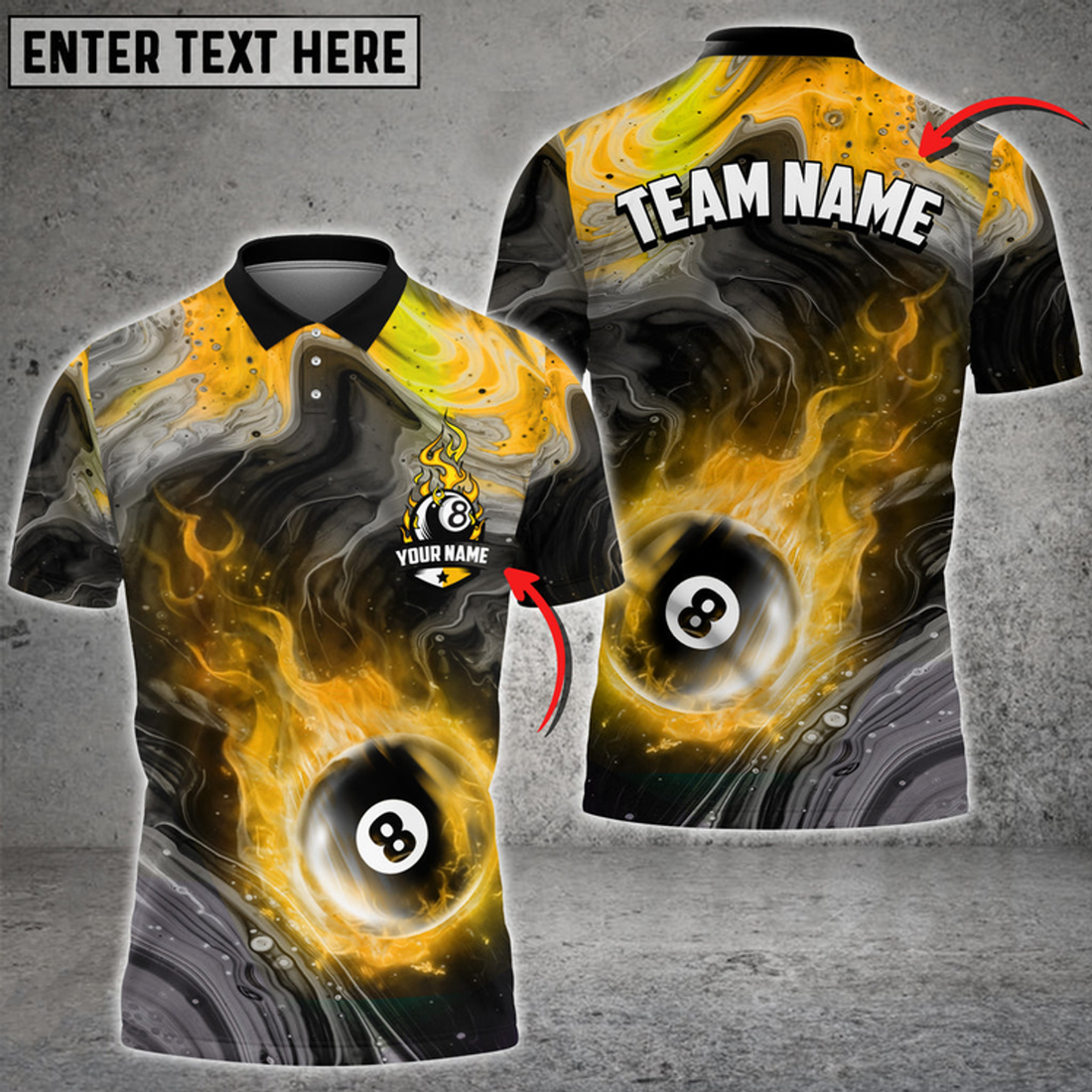 Custom Billiards 8 Ball Fire Watercolor Personalized Name, Team Name Multi Color Polo Shirt