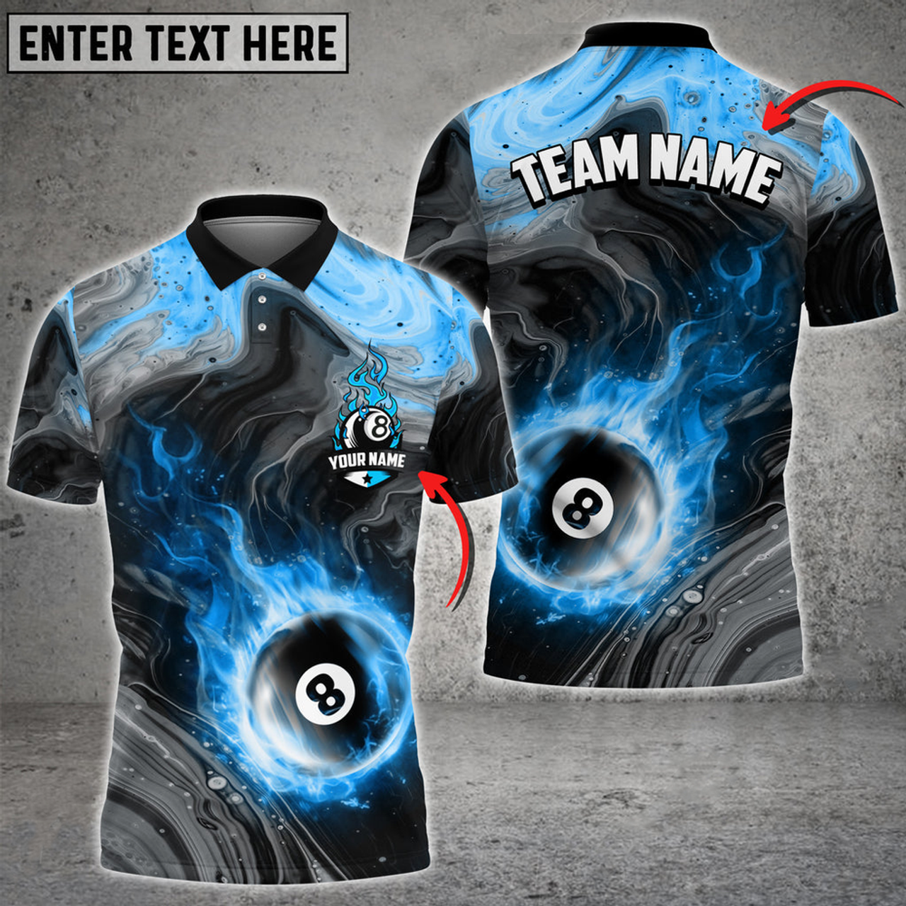 Custom Billiards 8 Ball Fire Watercolor Personalized Name, Team Name Multi Color Polo Shirt