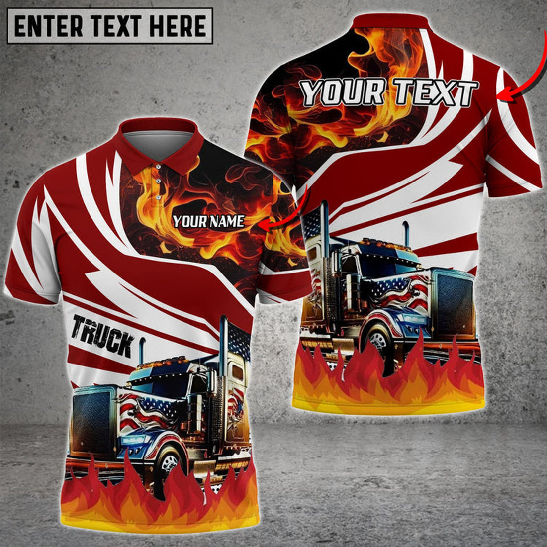 Custom Truck Flame U.S Flag Pattern Personalized Name Shirt For Truck Driver, Truck Flag Polo Shirt