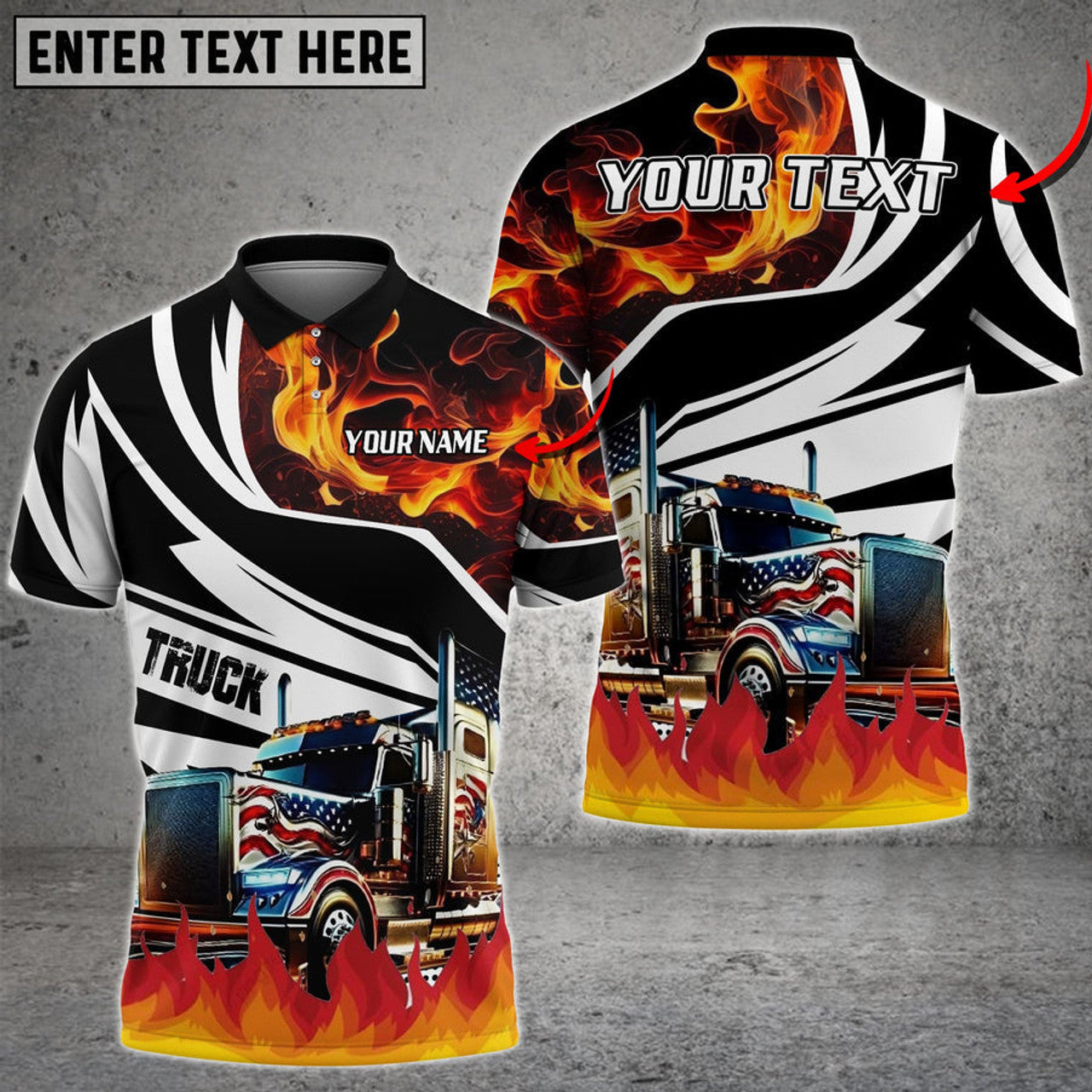 Custom Truck Flame U.S Flag Pattern Personalized Name Shirt For Truck Driver, Truck Flag Polo Shirt