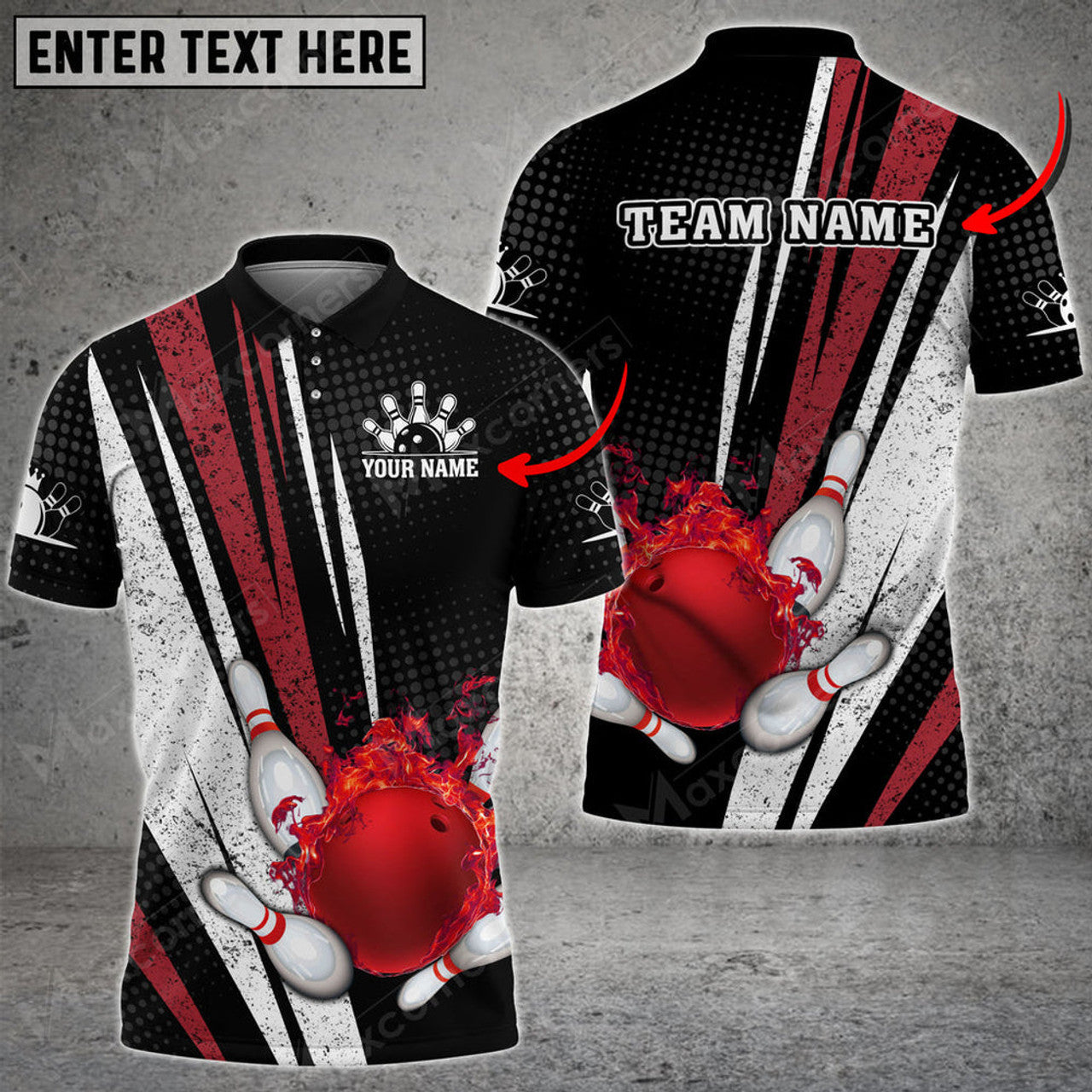 Custom Bowling Ball And Pins Flame Grunge Multicolor Option Customized Name, Team Name 3D Polo Shirt