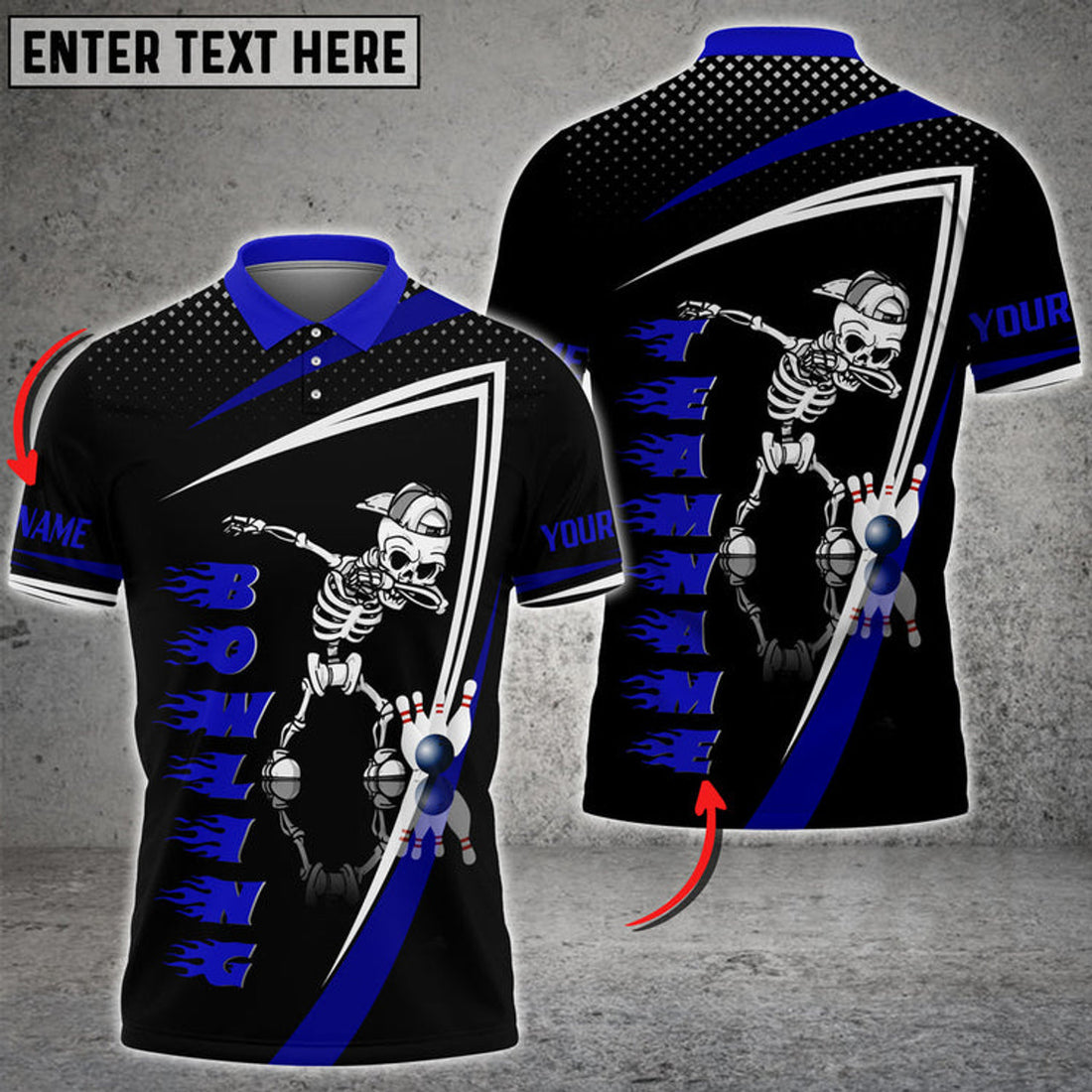Custom Bowling And Pins Skull Flame Pattern Tex Multicolor Customized Name 3D Polo Shirt