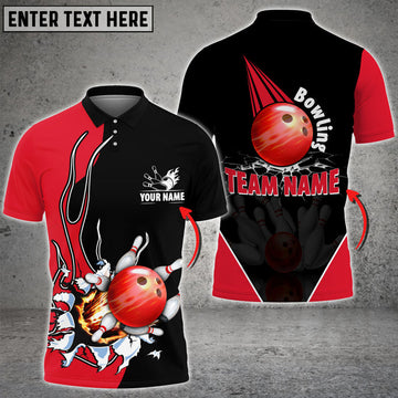 Custom Red Bowling And Pins Flame Thunder Pattern Customized Name 3D Shirt