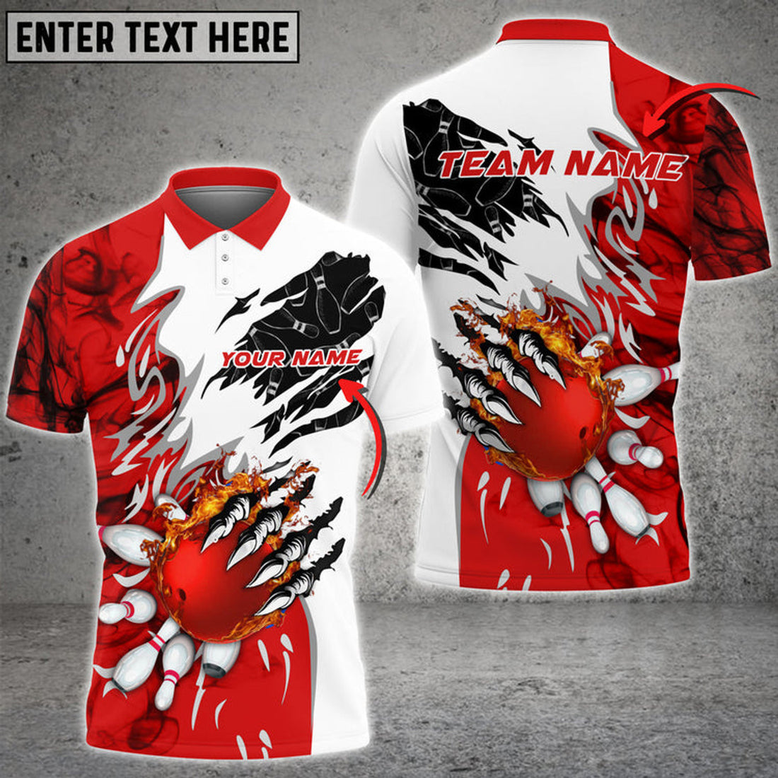 Custom Bowling And Pins Plame Monster Hand Premium Multicolor Option Personalized Name 3D Polo Shirt
