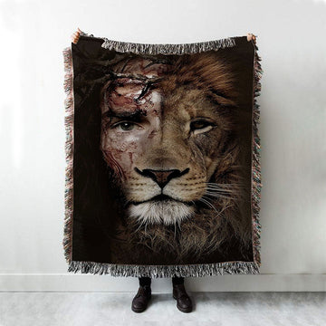 Half Jesus Half Lion Woven Throw Blanket PrintsChristian Boho Blanket - Jesus Woven Blanket Pictures - Christian Woven Throw Blanket