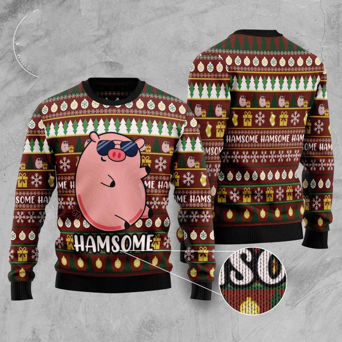 FUNSTUFFPRINT Hamsome Cute Pig Ugly Christmas Sweater, Christmas Sweater, Ugly Sweater, Funny Xmas Sweaters Ugly Sweater