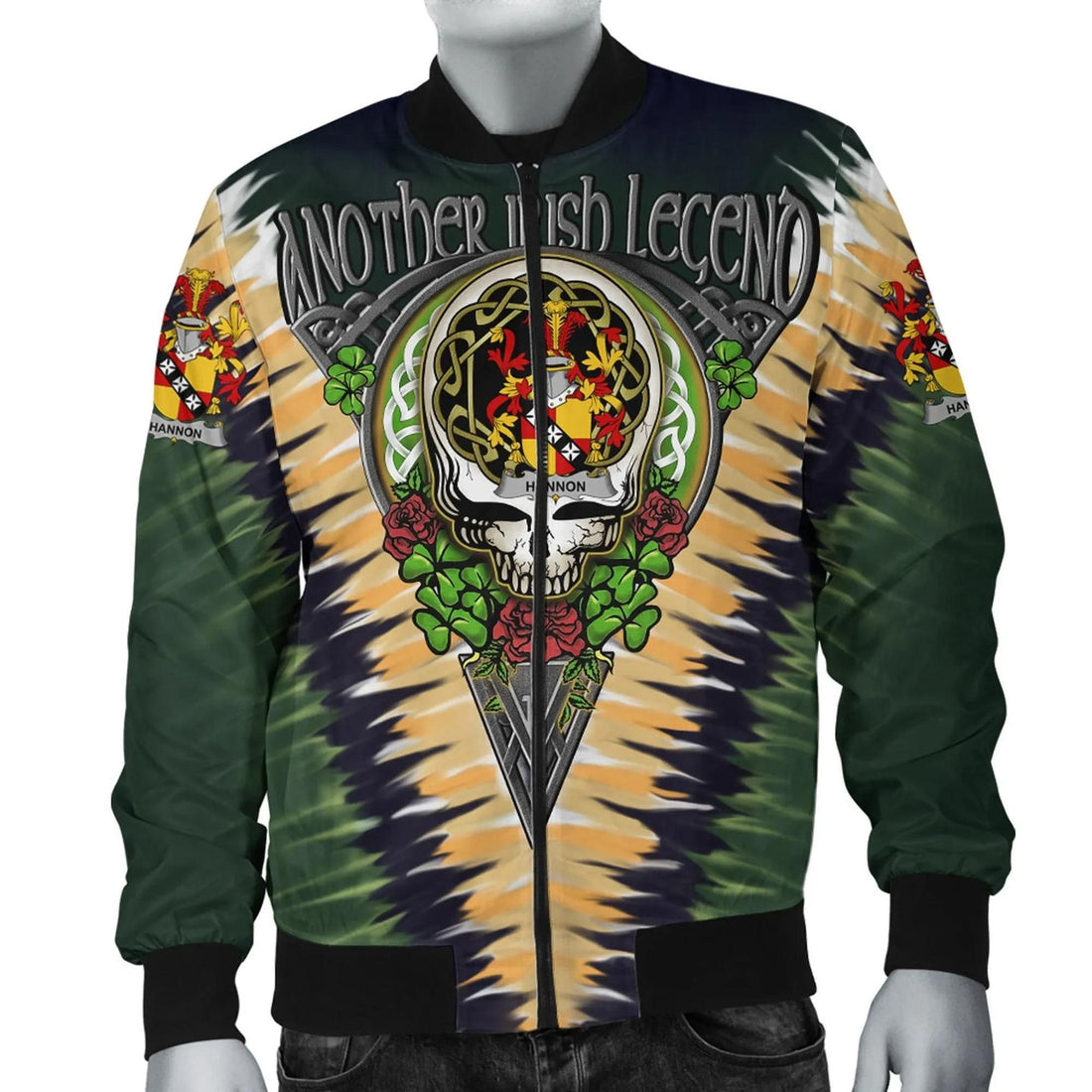 FUNSTUFFPRINT Hannon or O'Hannon Ireland Bomber Jacket - GD Irish Legend Shamrock V Tie 3D Bomber Jacket