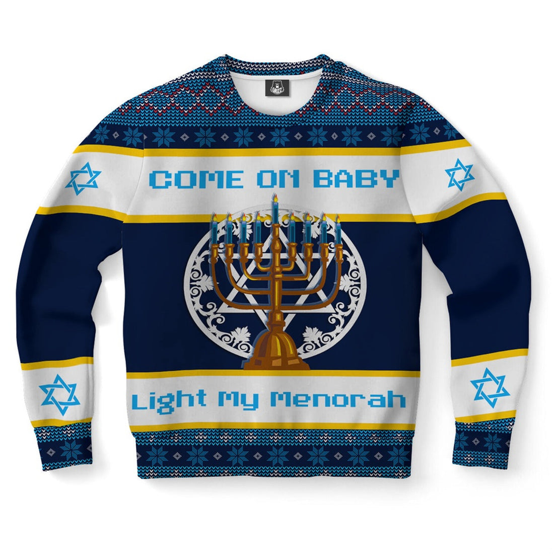 FUNSTUFFPRINT Hanukkah Come On Baby Light My Menorah Ugly Christmas Sweater, Christmas Sweater, Ugly Sweater, Funny Xmas Sweaters Ugly Sweater