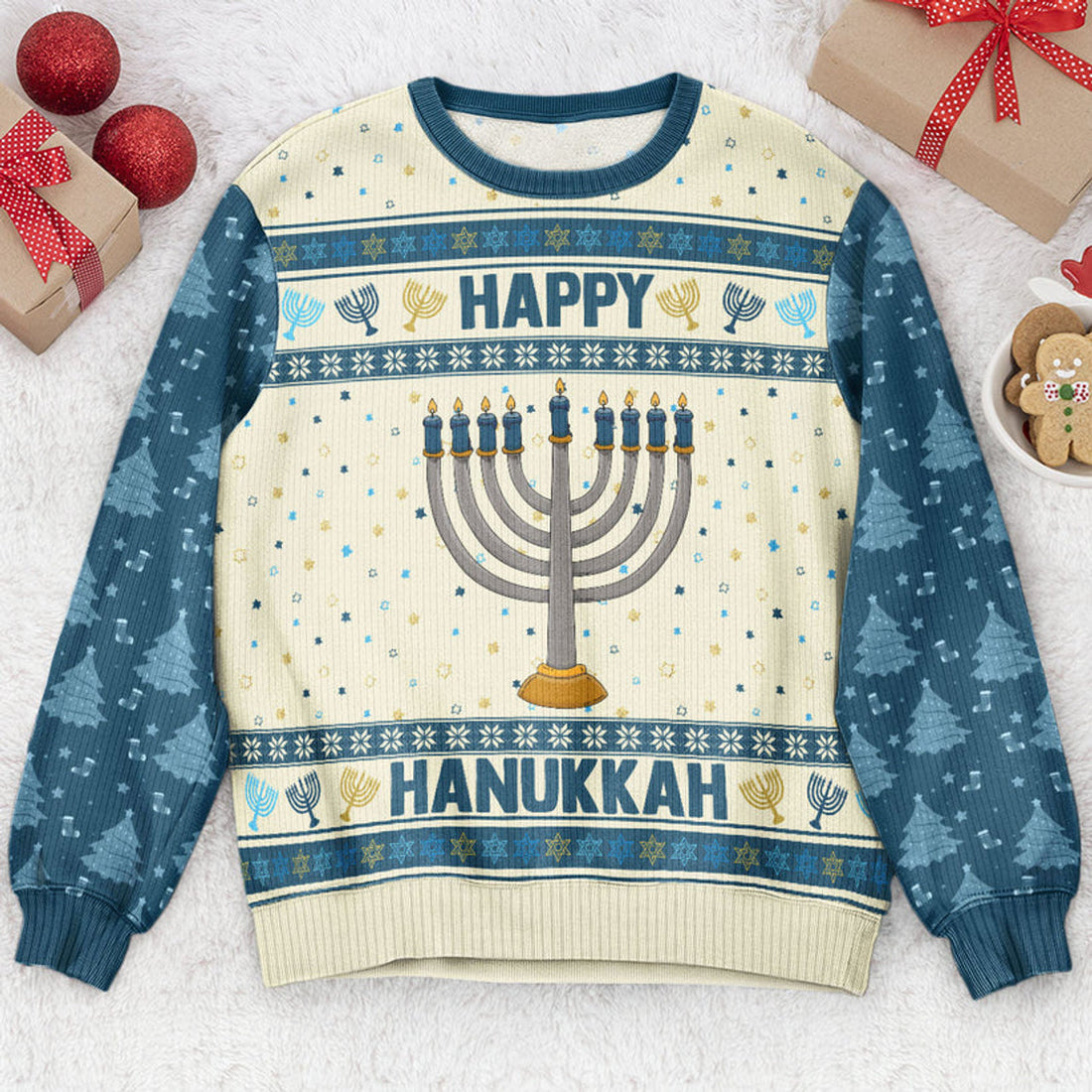 FUNSTUFFPRINT Custom Happy Hannukah Ugly Sweater