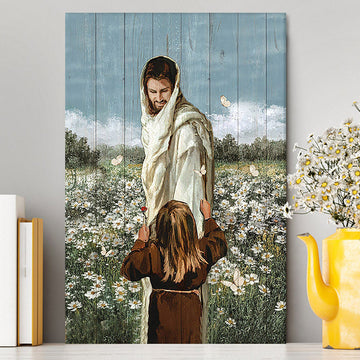 Happy Jesus Little Girl Daisy Field White Butterfly Canvas - Christian Wall Art - Religious Home Decor