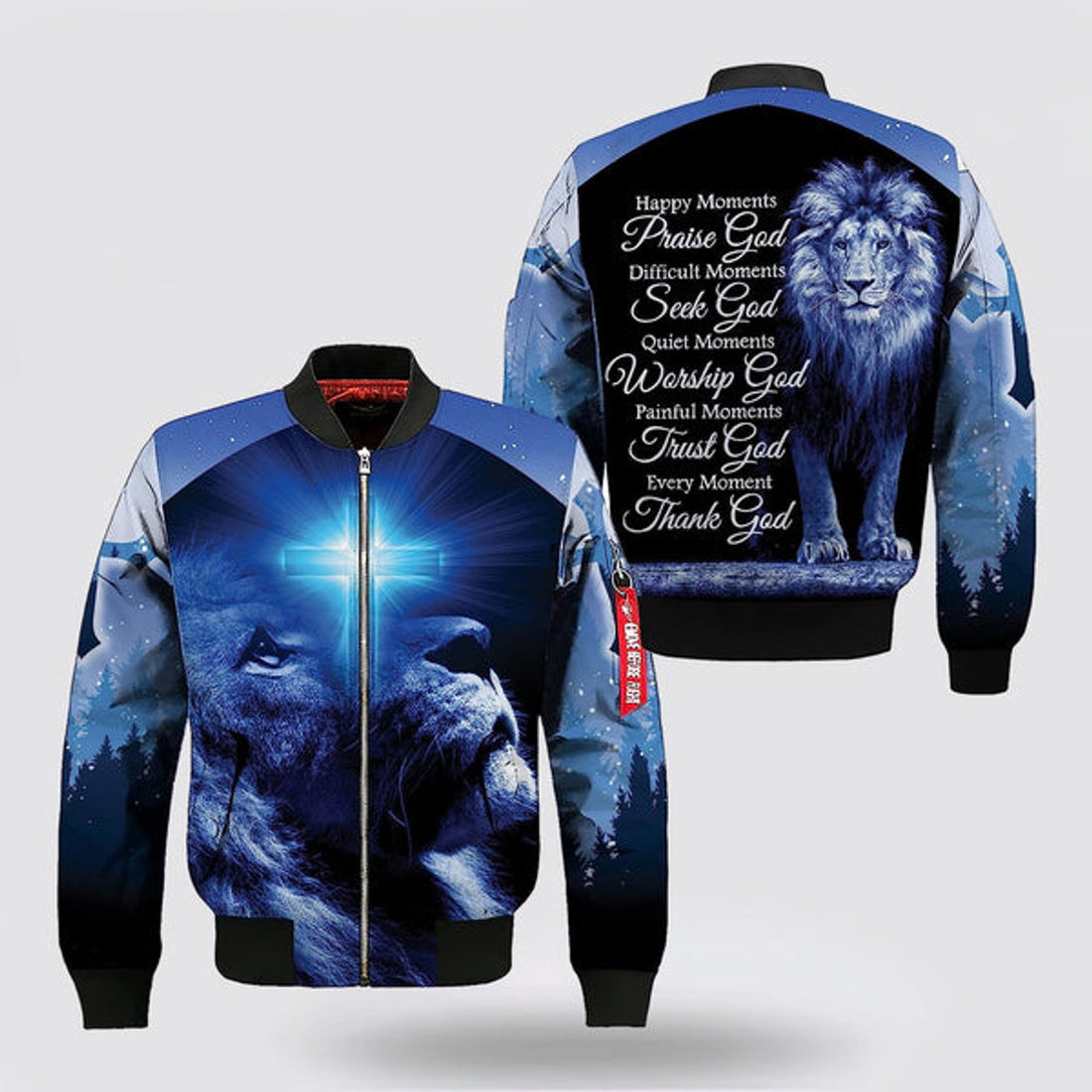FUNSTUFFPRINT Happy Moment Praise God Lion Cross Blue Light Bomber Jacket - Christian Bomber Shirts for Men and Women 3D Bomber Jacket