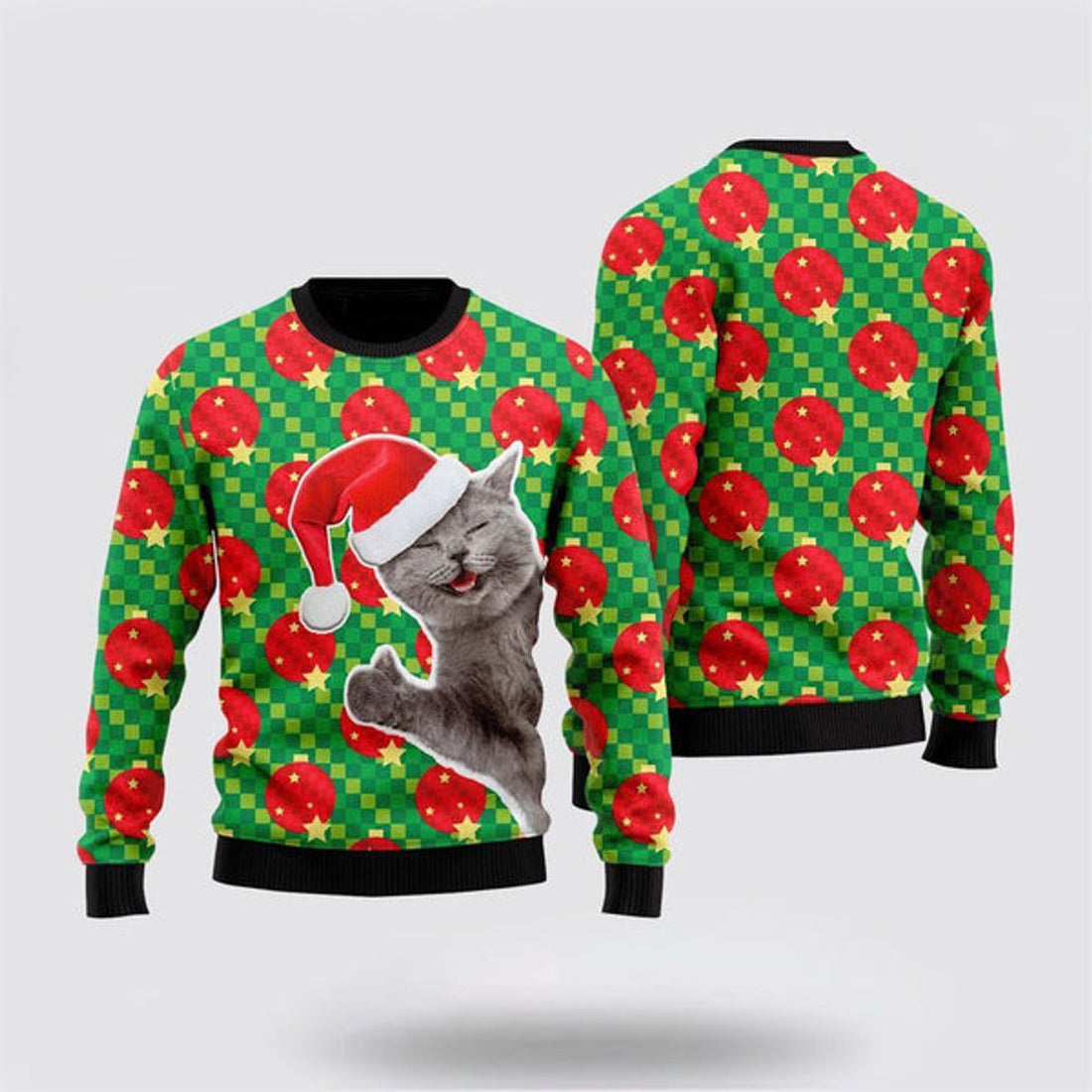 FUNSTUFFPRINT Happy Cat With Ornarment Christmas Ball Ugly Christmas Sweater For Men And Women, Best Gift For Christmas, Christmas Fashion Winter  Ugly  Sweater