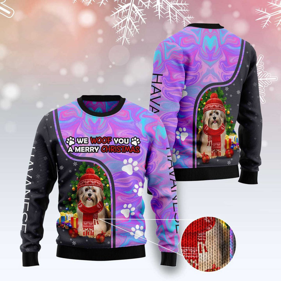 FUNSTUFFPRINT Havanese Hologram Color Ugly Christmas Sweater, Christmas Sweater, Ugly Sweater, Funny Xmas Sweaters Ugly Sweater