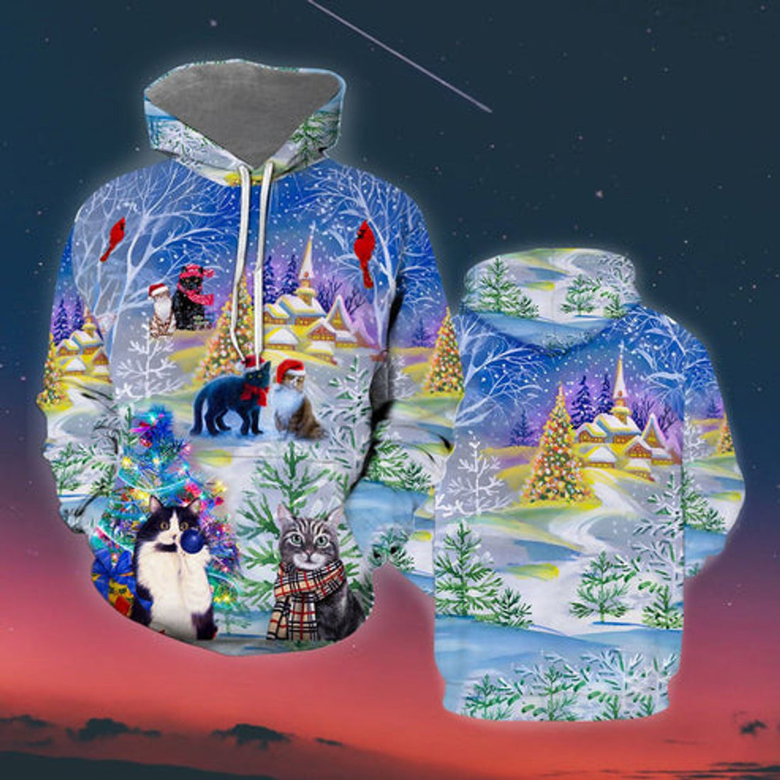 FUNSTUFFPRINT 3D Have A Purry Purry Christmas Cat All Over 3D Hoodie and Zip Hoodie