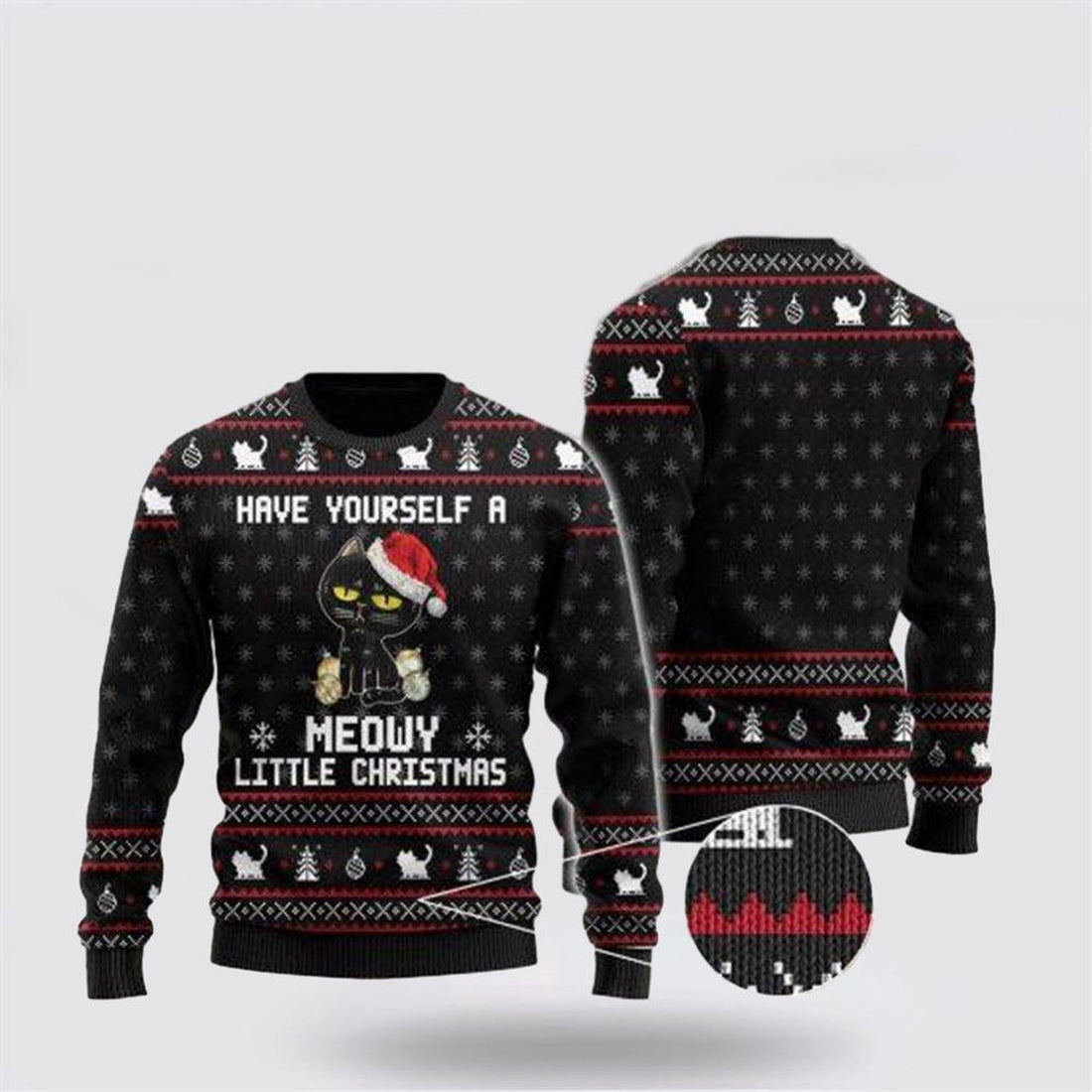 FUNSTUFFPRINT Have Yourself A Meowy Little Christmas Black Cat Ugly Christmas Sweater – Cat Lover Christmas Sweater Ugly  Sweater