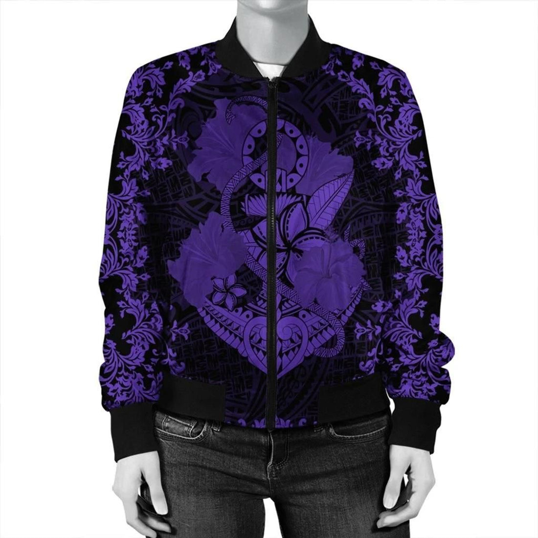 FUNSTUFFPRINT Hawaii Anchor Hibiscus Flower Vintage Bomber Jacket - AH - Purple - R 3D Bomber Jacket