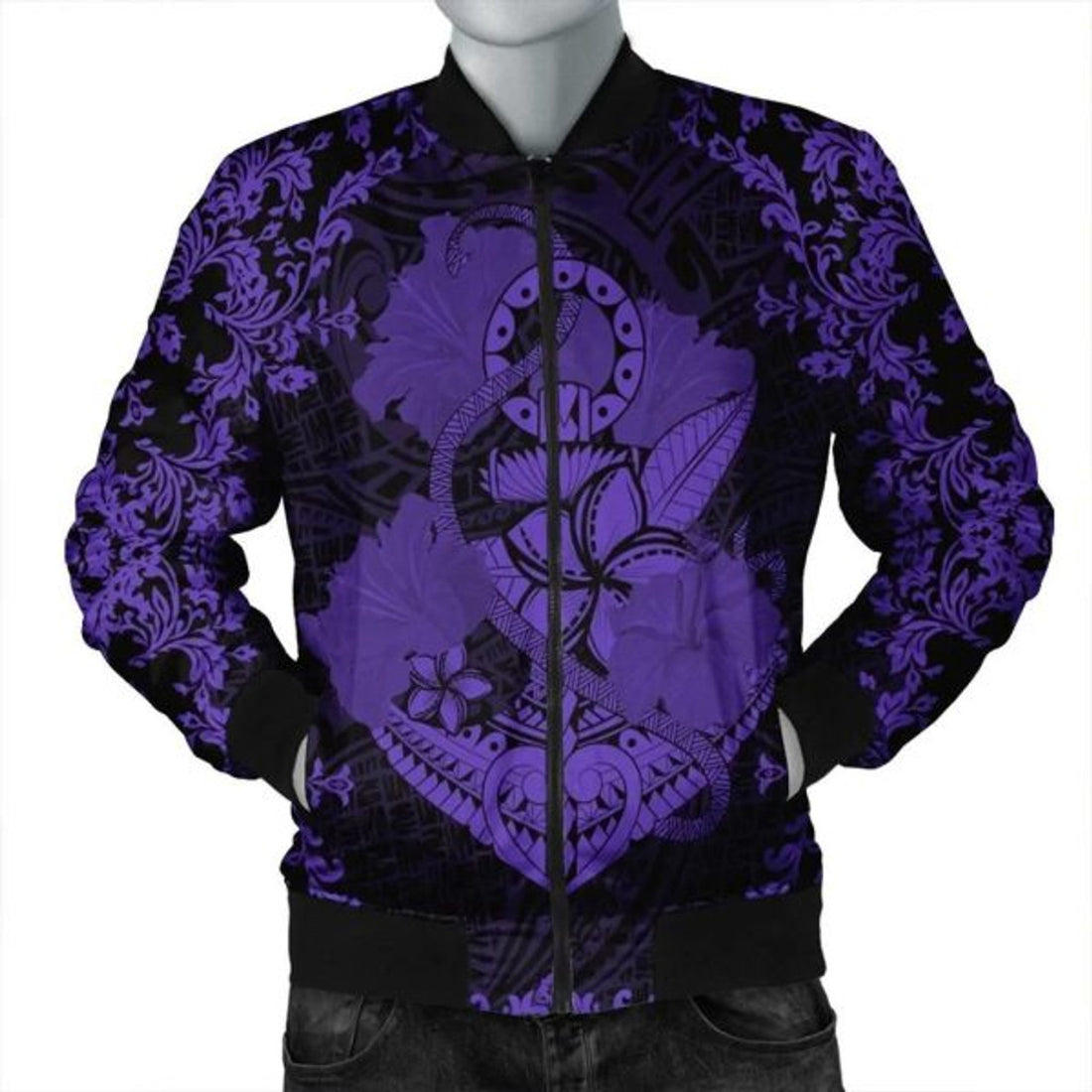FUNSTUFFPRINT Hawaii Anchor Hibiscus Flower Vintage Bomber Jacket - AH - Purple - R Bomber Jacket