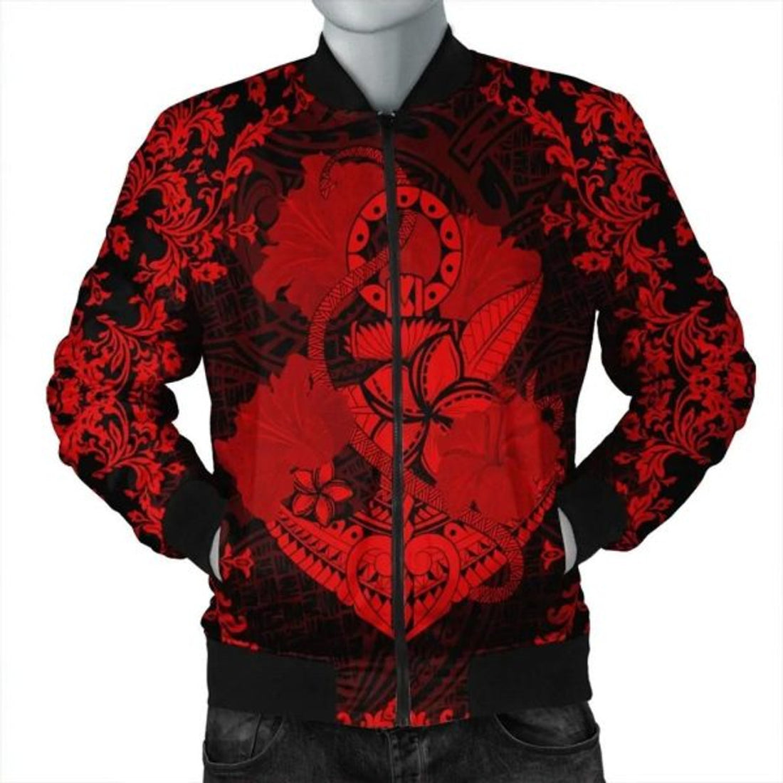 FUNSTUFFPRINT Hawaii Anchor Hibiscus Flower Vintage Bomber Jacket - AH - Red - R Bomber Jacket