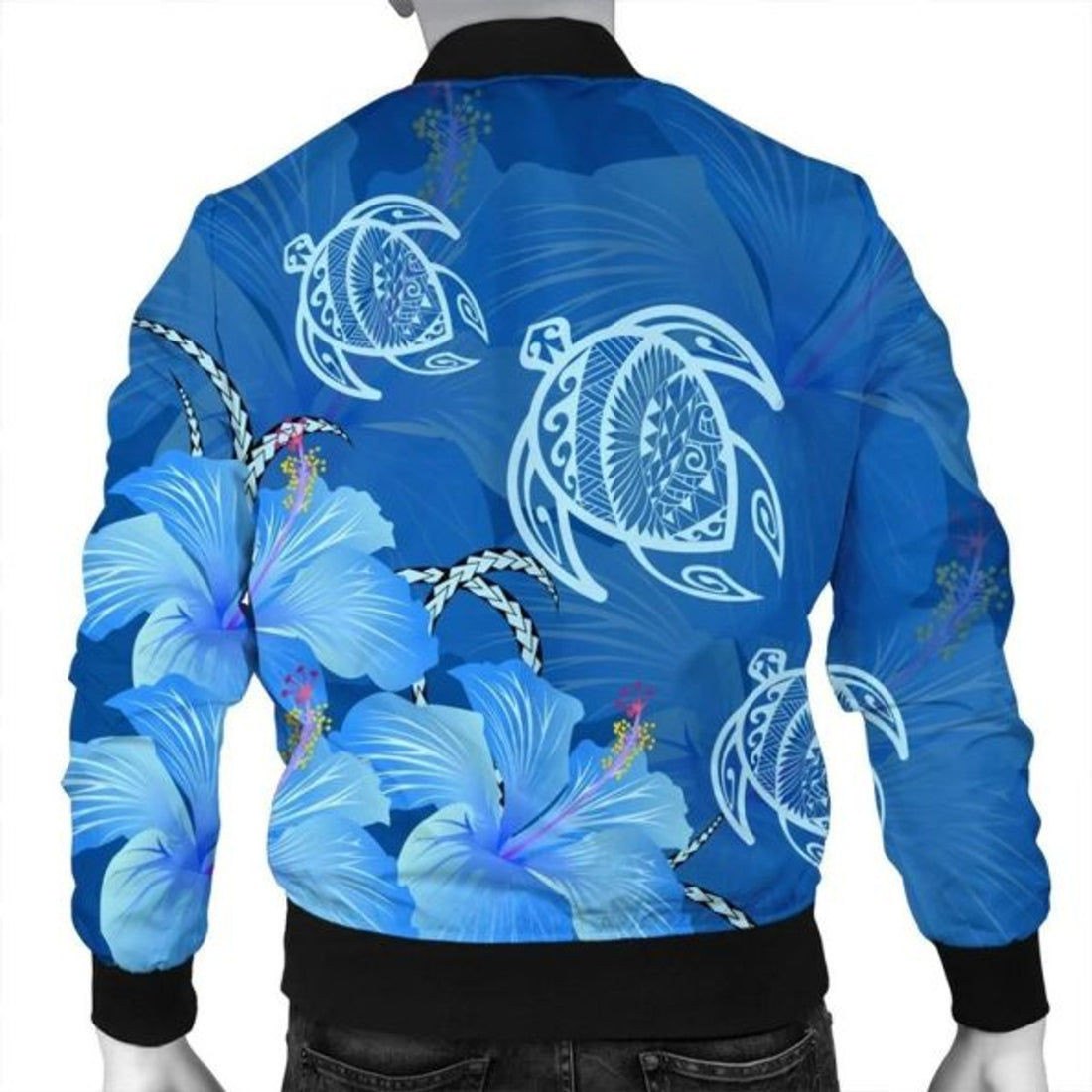 FUNSTUFFPRINT Hawaii Blue Hibiscus Turtle Polynesian Bomber Jacket - AH - R Bomber Jacket