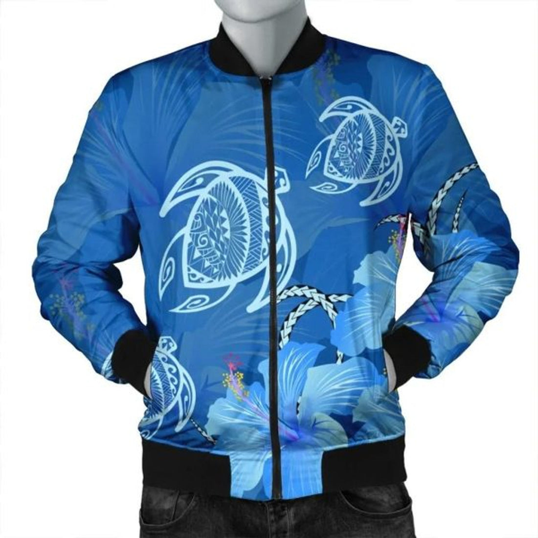 FUNSTUFFPRINT Hawaii Blue Hibiscus Turtle Polynesian Bomber Jacket - AH - R Bomber Jacket