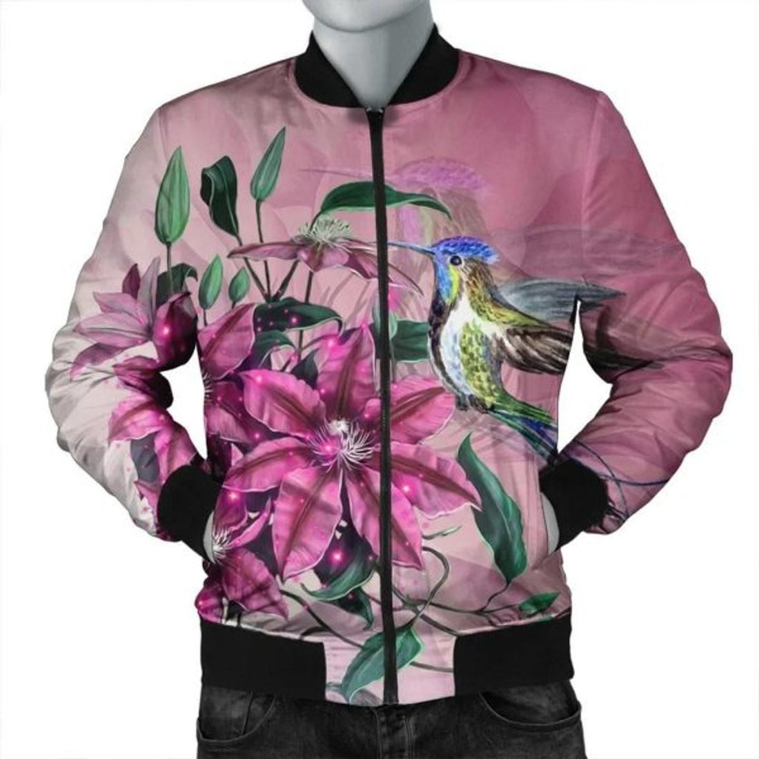 FUNSTUFFPRINT Hawaii Clematis Humming Bird Bomber Jacket - AH - R Bomber Jacket