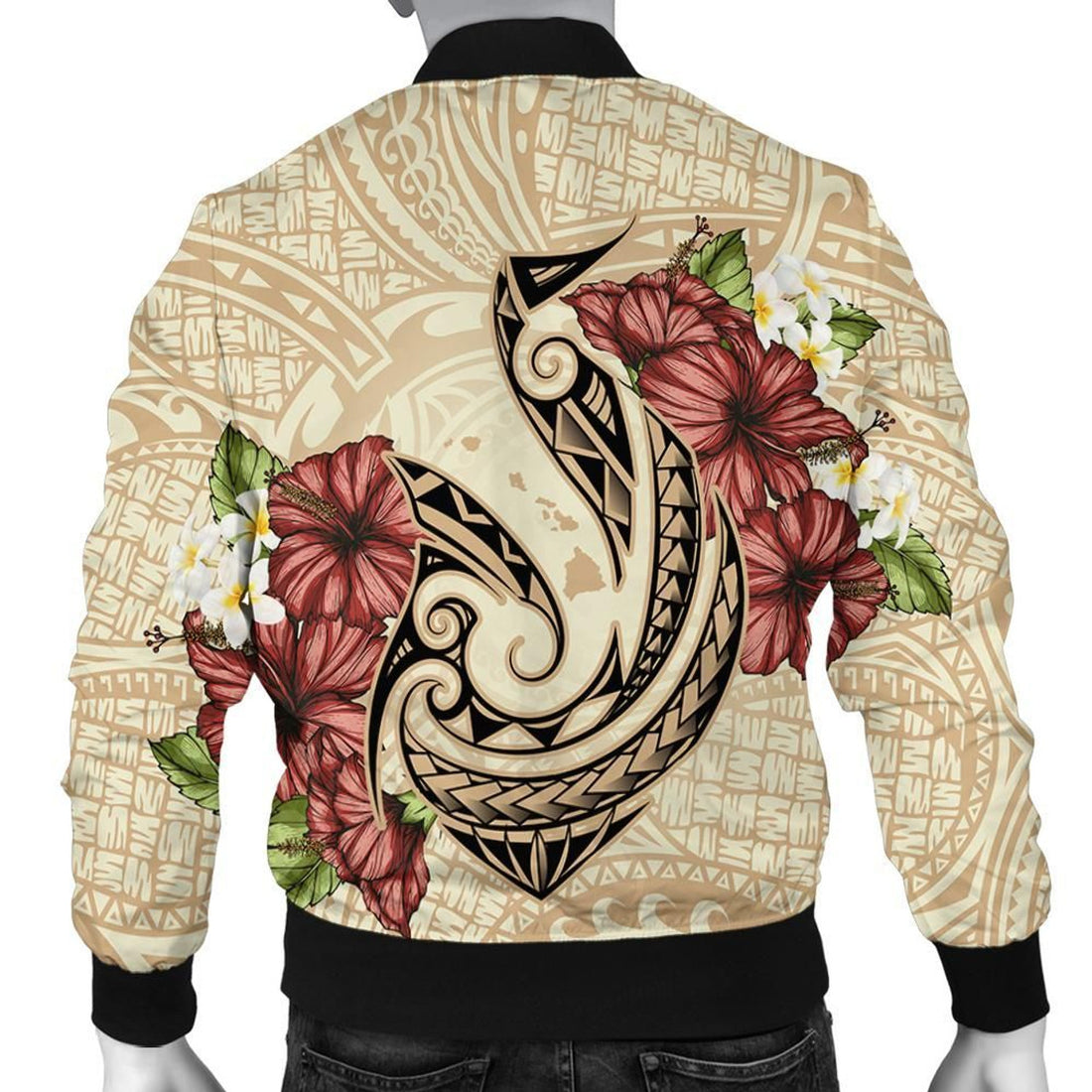 FUNSTUFFPRINT Hawaii Fish Hook Hibiscus Plumeria Polynesian Bomber Jacket - AH - R 3D Bomber Jacket