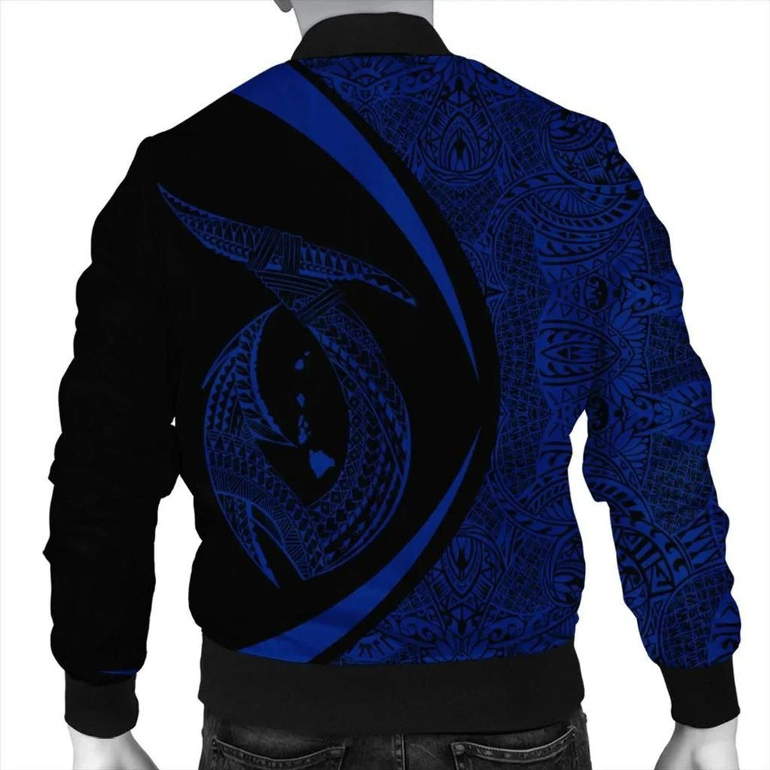 FUNSTUFFPRINT Hawaii Fish Hook Polynesian Bomber Jacket - Circle Style Blue - AH - R 3D Bomber Jacket