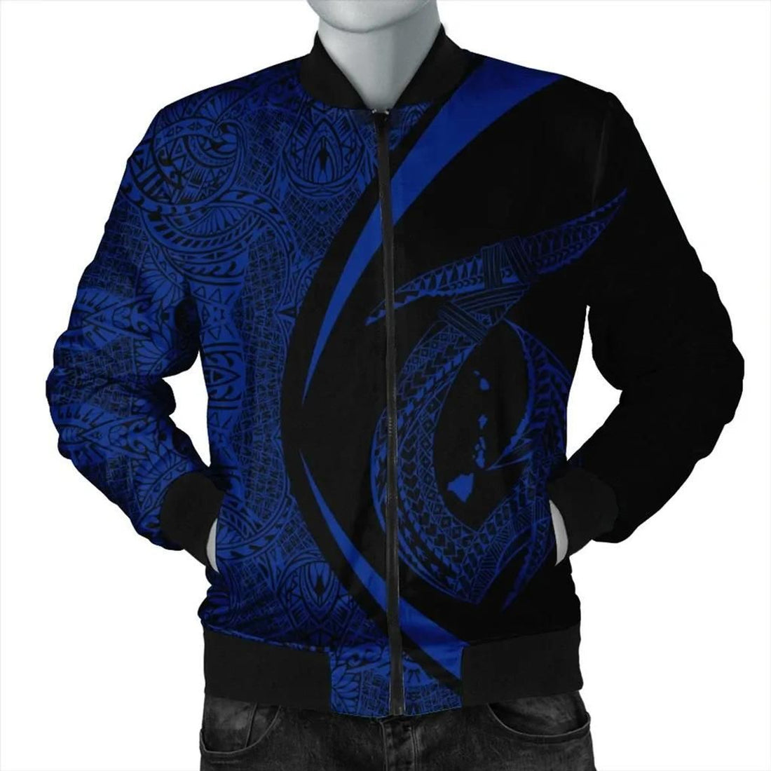 FUNSTUFFPRINT Hawaii Fish Hook Polynesian Bomber Jacket - Circle Style Blue - AH - R 3D Bomber Jacket