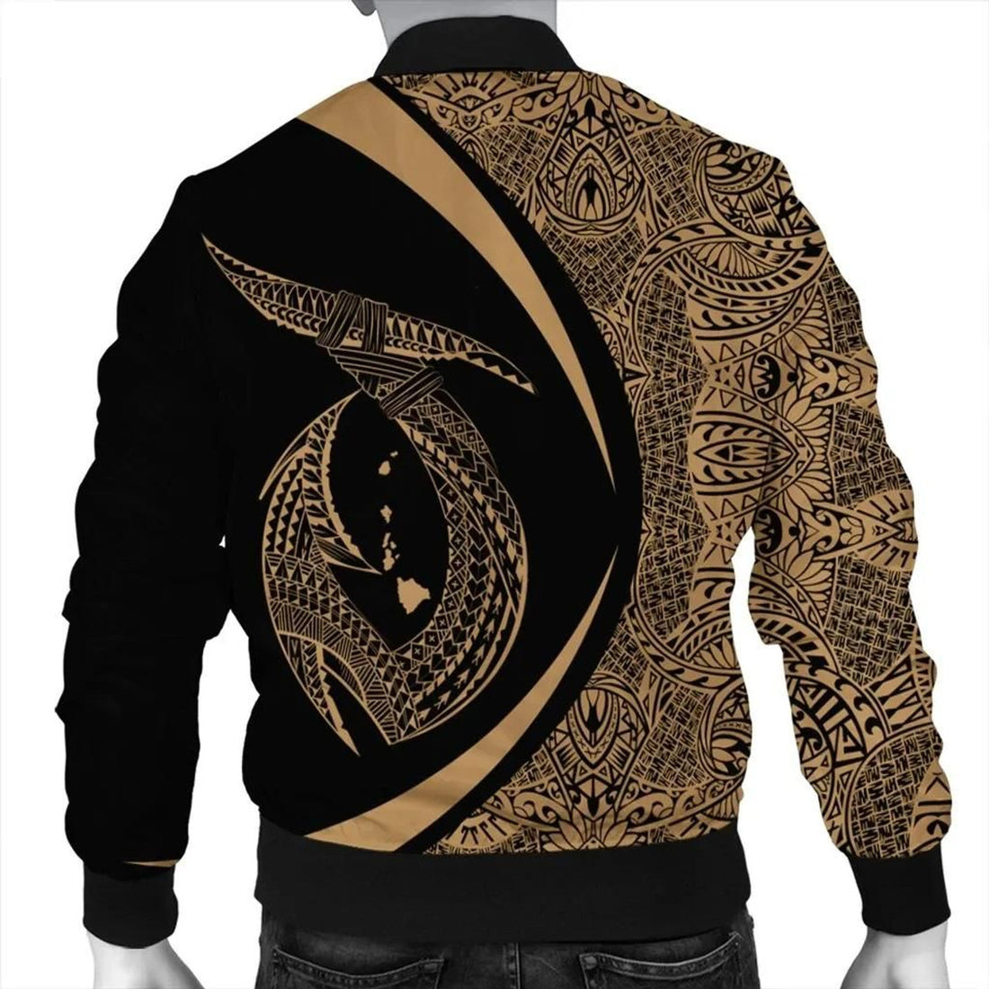 FUNSTUFFPRINT Hawaii Fish Hook Polynesian Bomber Jacket - Circle Style Gold - AH - R 3D Bomber Jacket