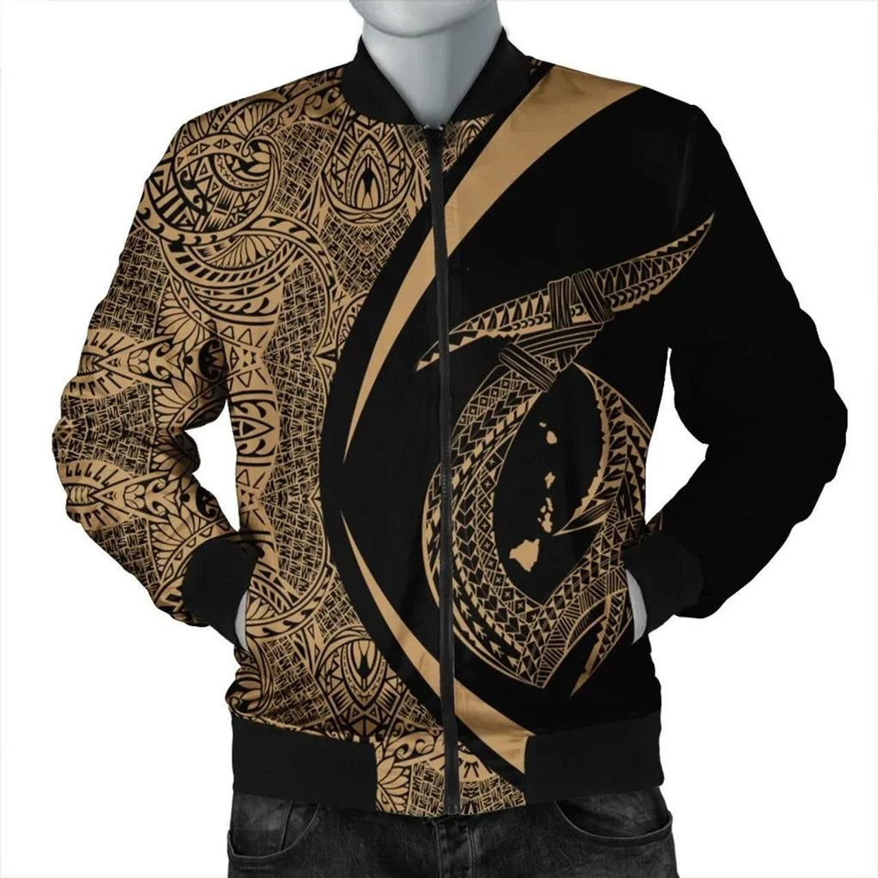 FUNSTUFFPRINT Hawaii Fish Hook Polynesian Bomber Jacket - Circle Style Gold - AH - R 3D Bomber Jacket