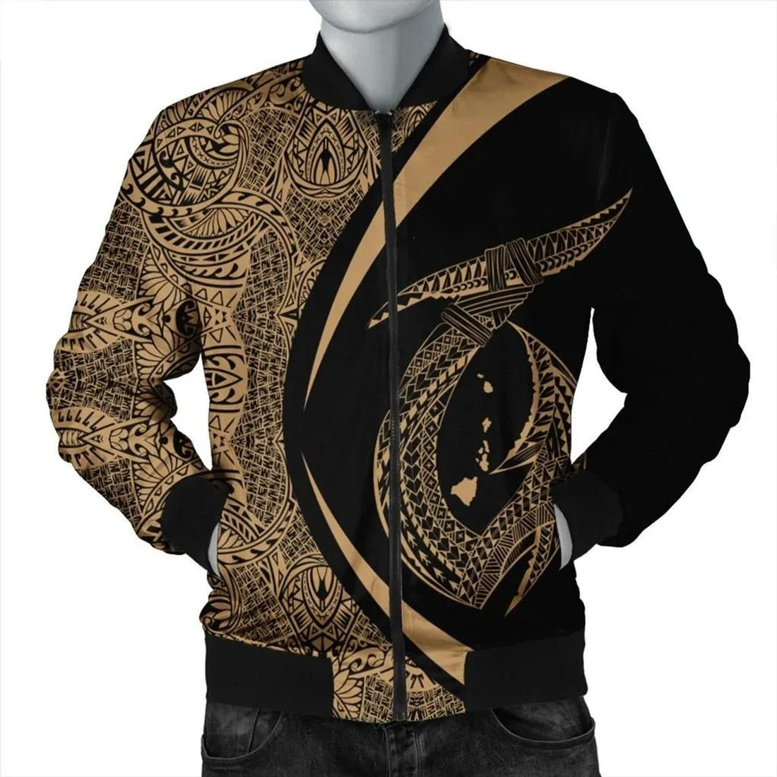 FUNSTUFFPRINT Hawaii Fish Hook Polynesian Bomber Jacket - Circle Style Gold - AH - R 3D Bomber Jacket