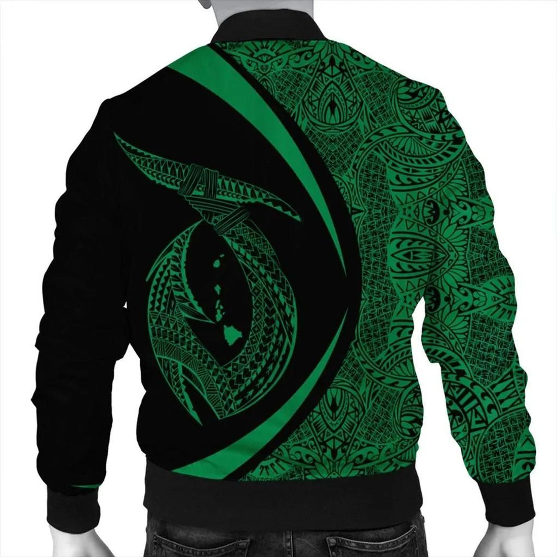 FUNSTUFFPRINT Hawaii Fish Hook Polynesian Bomber Jacket - Circle Style Green - AH - R 3D Bomber Jacket