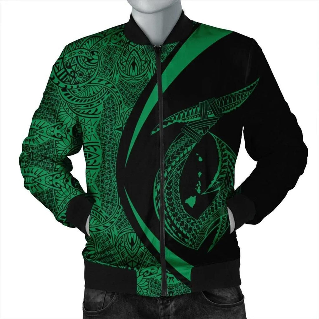 FUNSTUFFPRINT Hawaii Fish Hook Polynesian Bomber Jacket - Circle Style Green - AH - R 3D Bomber Jacket