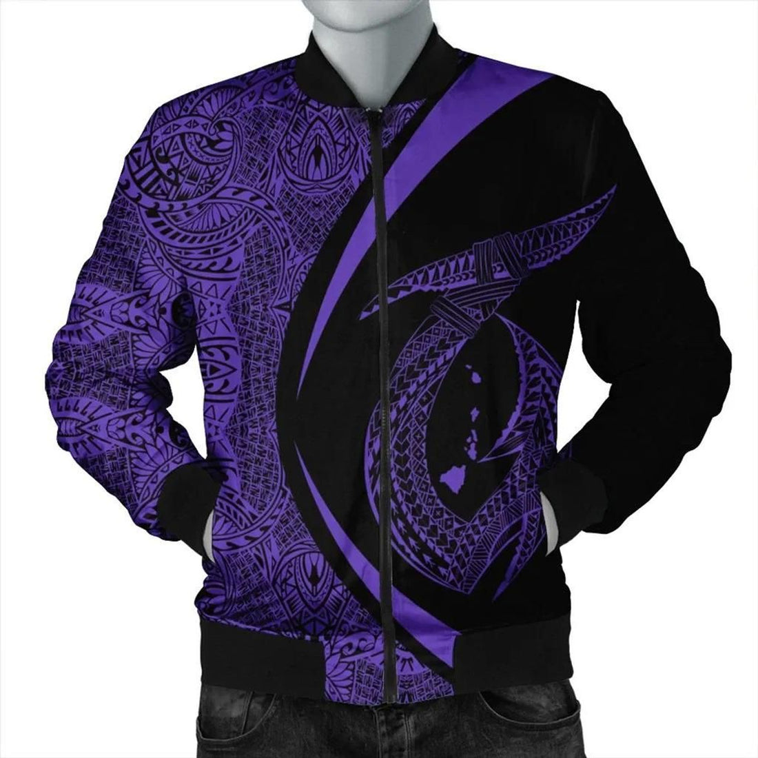 FUNSTUFFPRINT Hawaii Fish Hook Polynesian Bomber Jacket - Circle Style Purple - AH - R 3D Bomber Jacket