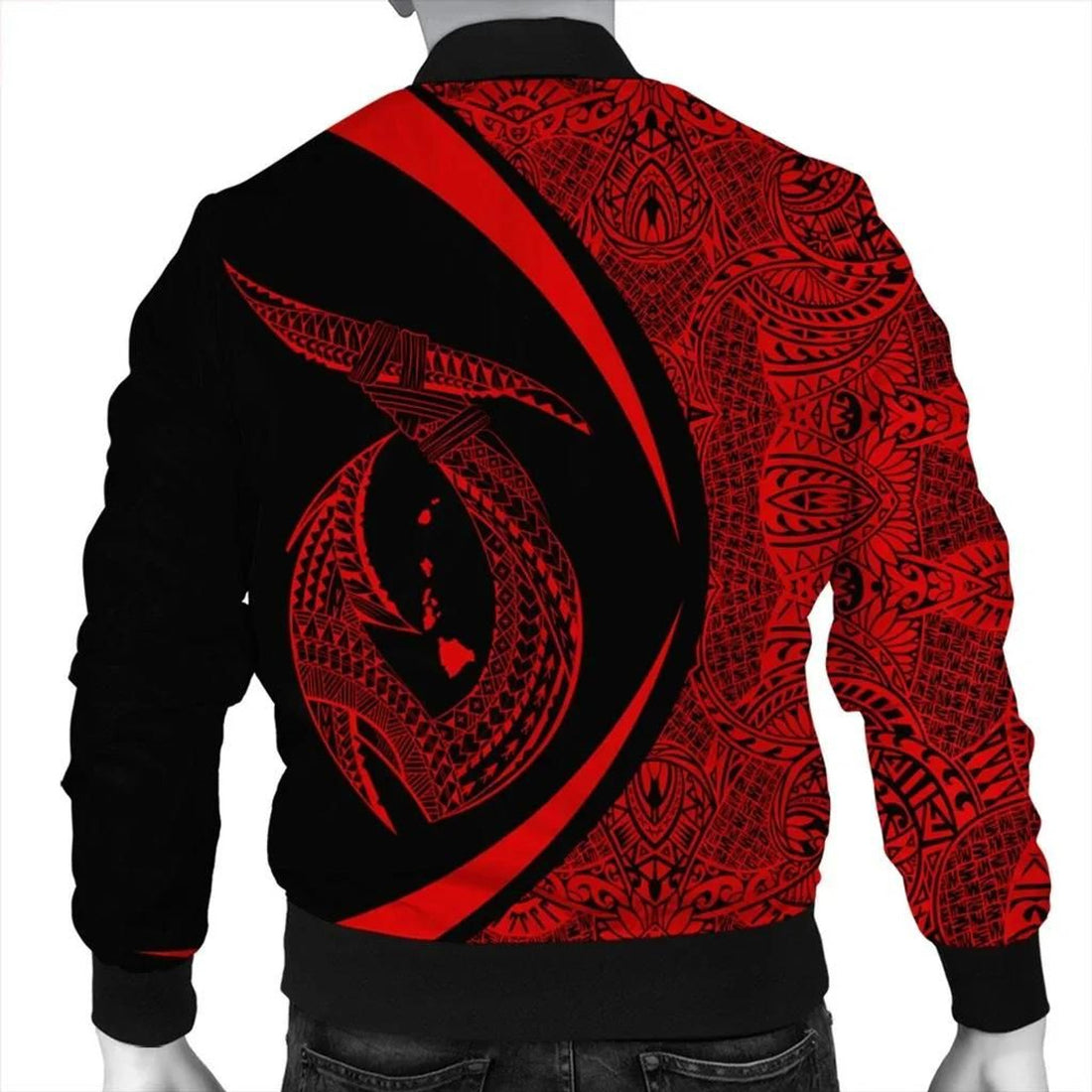 FUNSTUFFPRINT Hawaii Fish Hook Polynesian Bomber Jacket - Circle Style Red - AH - R 3D Bomber Jacket