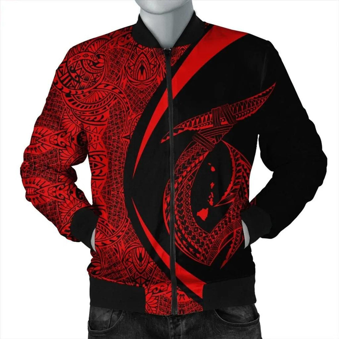 FUNSTUFFPRINT Hawaii Fish Hook Polynesian Bomber Jacket - Circle Style Red - AH - R 3D Bomber Jacket