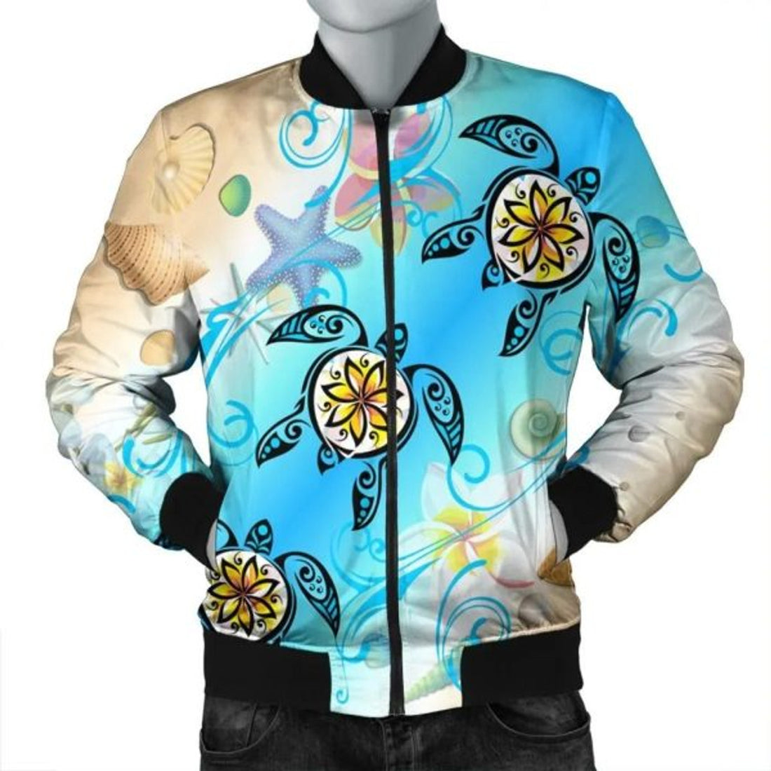 FUNSTUFFPRINT Hawaii Fresh Beach Turtle Plumeria Bomber Jacket - AH - Brian Style - R Bomber Jacket