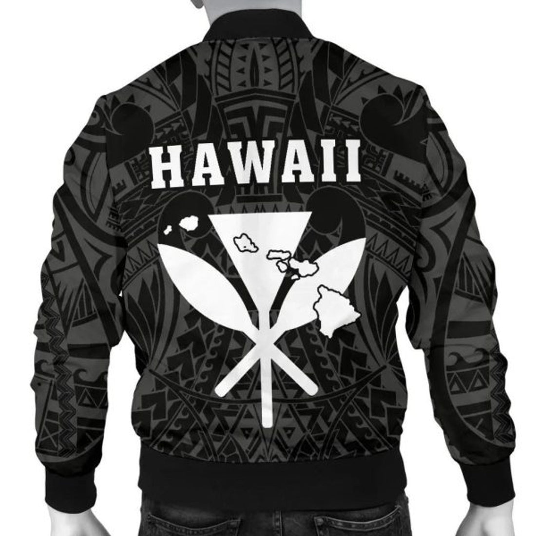 FUNSTUFFPRINT Hawaii Kakau Makau Fish Hook Kanaka Map Men's Bomber Jacket Polynesian - White - AH - Bomber Jacket
