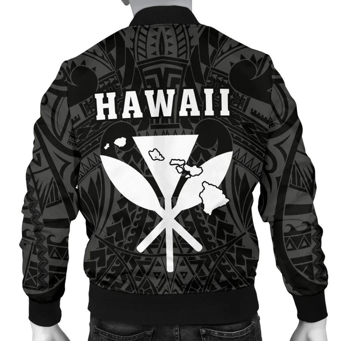FUNSTUFFPRINT Hawaii Kakau Makau Fish Hook Kanaka Map Men's Bomber Jacket Polynesian - White - AH - 3D Bomber Jacket