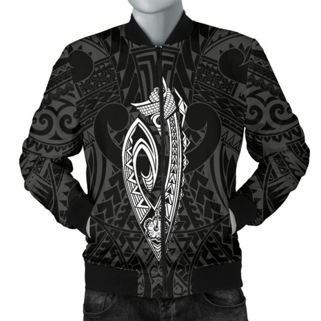 FUNSTUFFPRINT Hawaii Kakau Makau Fish Hook Kanaka Map Men's Bomber Jacket Polynesian - White - AH - Bomber Jacket