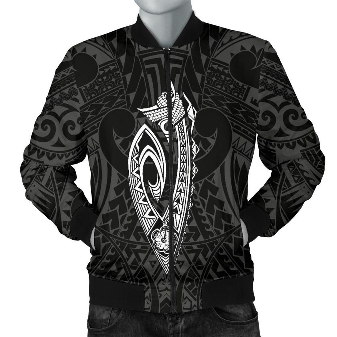 FUNSTUFFPRINT Hawaii Kakau Makau Fish Hook Kanaka Map Men's Bomber Jacket Polynesian - White - AH - 3D Bomber Jacket