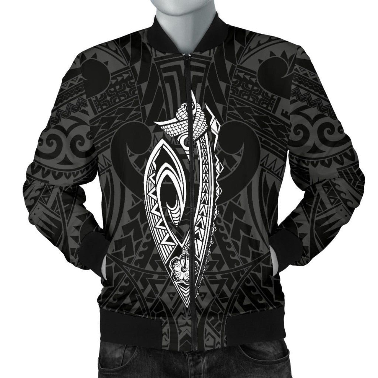 FUNSTUFFPRINT Hawaii Kakau Makau Fish Hook Kanaka Map Men's Bomber Jacket Polynesian - White - AH - 3D Bomber Jacket