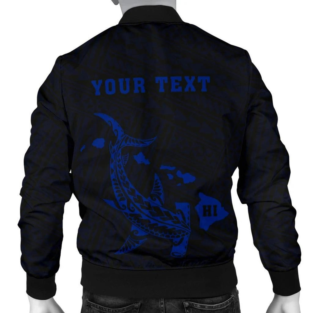 FUNSTUFFPRINT Hawaii Kakau Polynesian Hammerhead Shark Map Personalized Men's Bomber Jacket - Blue - AH - 3D Bomber Jacket