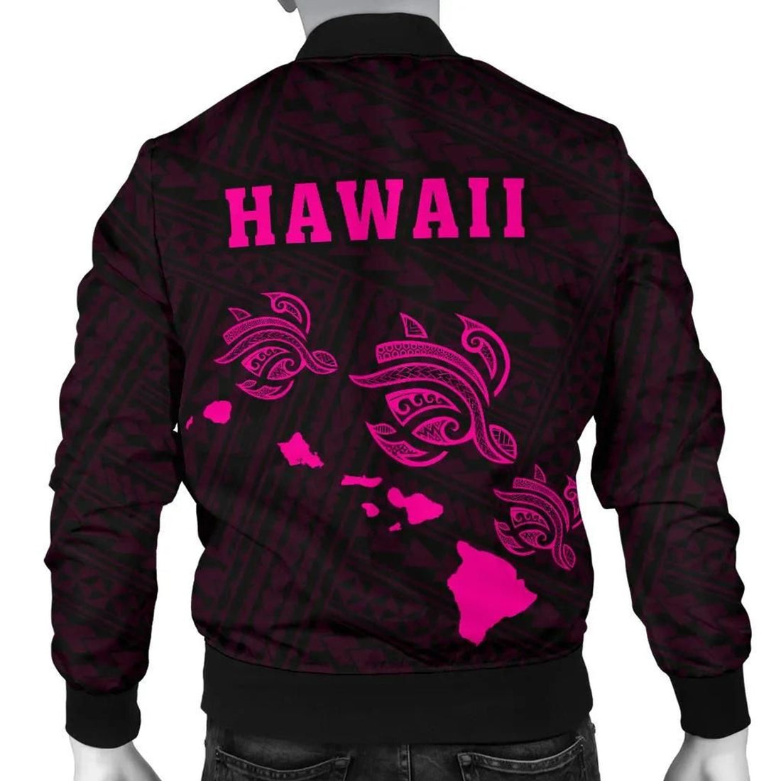 FUNSTUFFPRINT Hawaii Kakau Polynesian Three Turtles Map Men's Bomber Jacket - Pink - AH - 3D Bomber Jacket