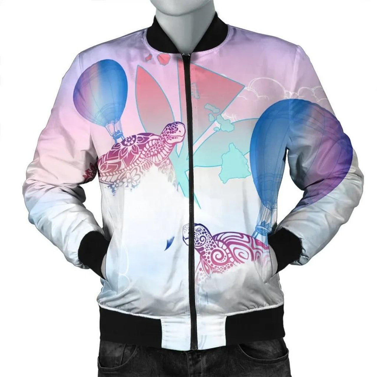 FUNSTUFFPRINT Hawaii Kanaka Map Horizon Turtle Bomber Jacket - AH - R 3D Bomber Jacket